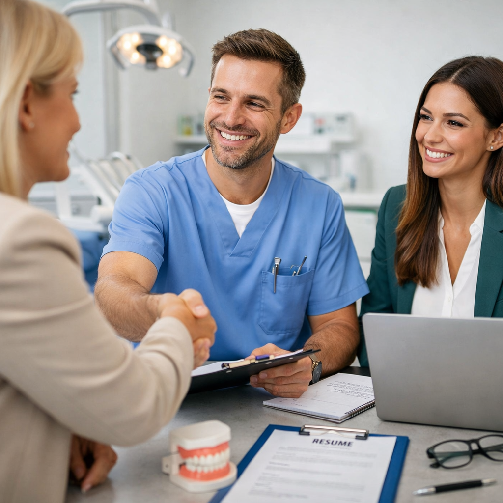 Dentist and recruitment consultant meeting a candidate, shaking hands across a desk in a dental practice.