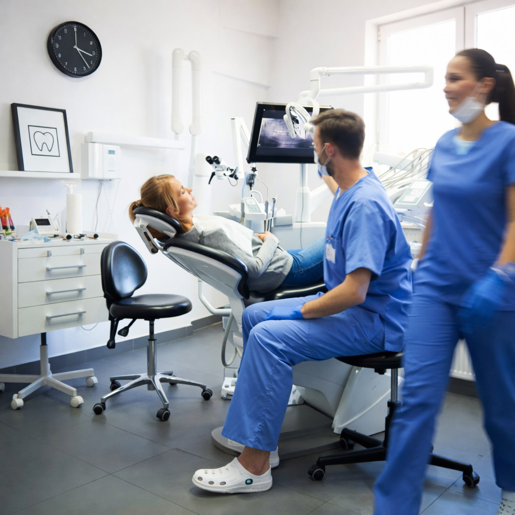 Dentist speaking with a patient seated in a dental chair while a dental nurse walks past in a modern treatment room.